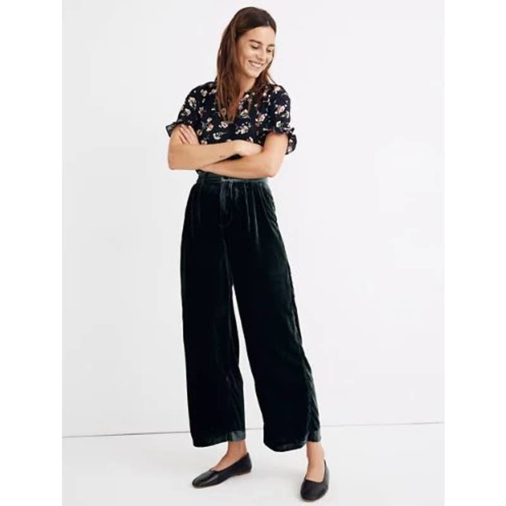 Madewell Womens Pleated Wide Leg Full Length Velvet Pants High Rise Green Size 2